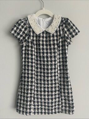 Girls Black & White Check Tweed Dress with Pearl Collar Chanel style